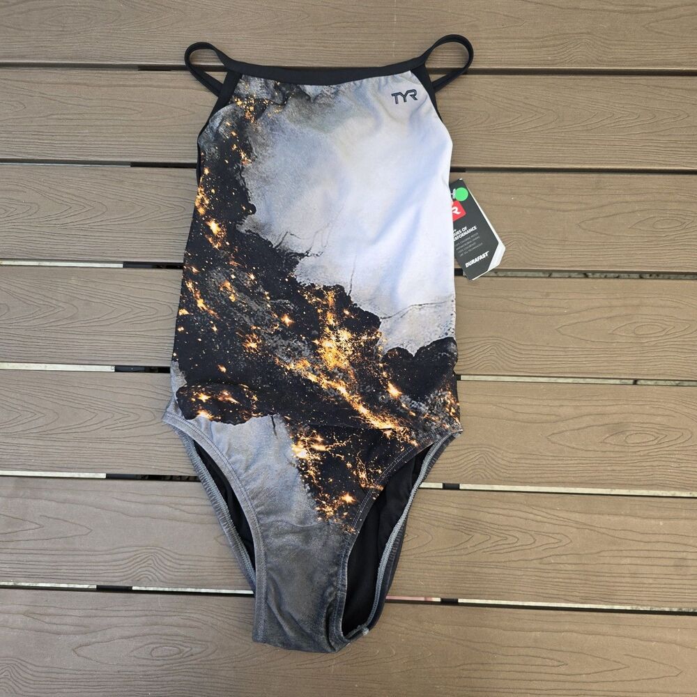 TYR Women's Durafast Elite Pyrite Grey Diamondfit One Piece Swimsuit Sz 28 New